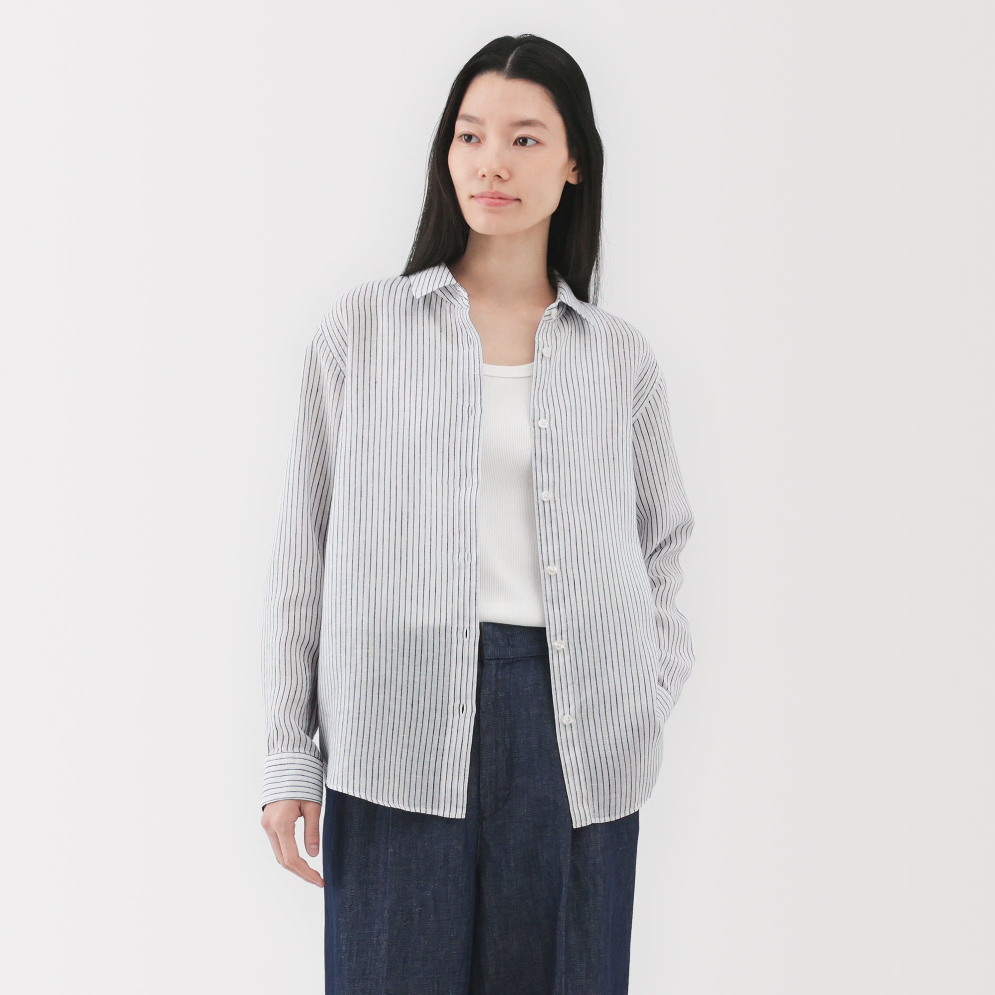 Women's Washed Linen Regular Collar Long Sleeve Striped Shirt