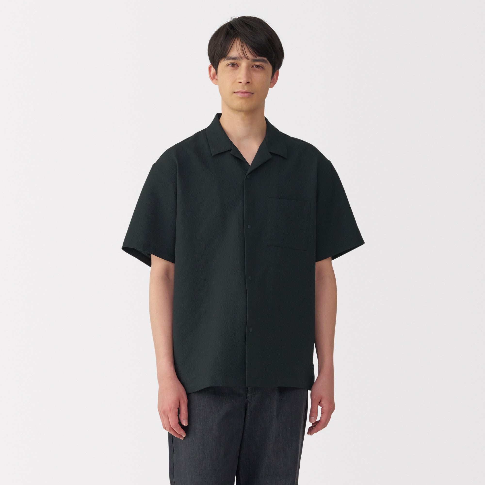 Men's Breathable Seersucker Open Collar Short Sleeve Shirt
