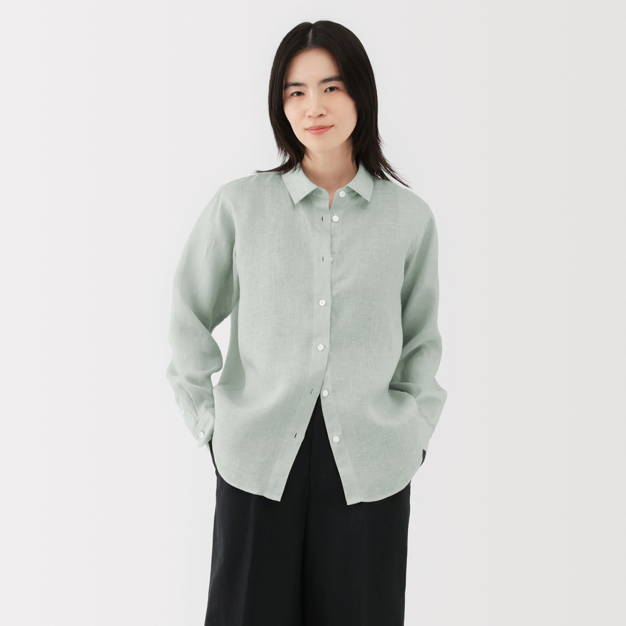 Women's Washed Linen Regular Collar Long Sleeve Shirt