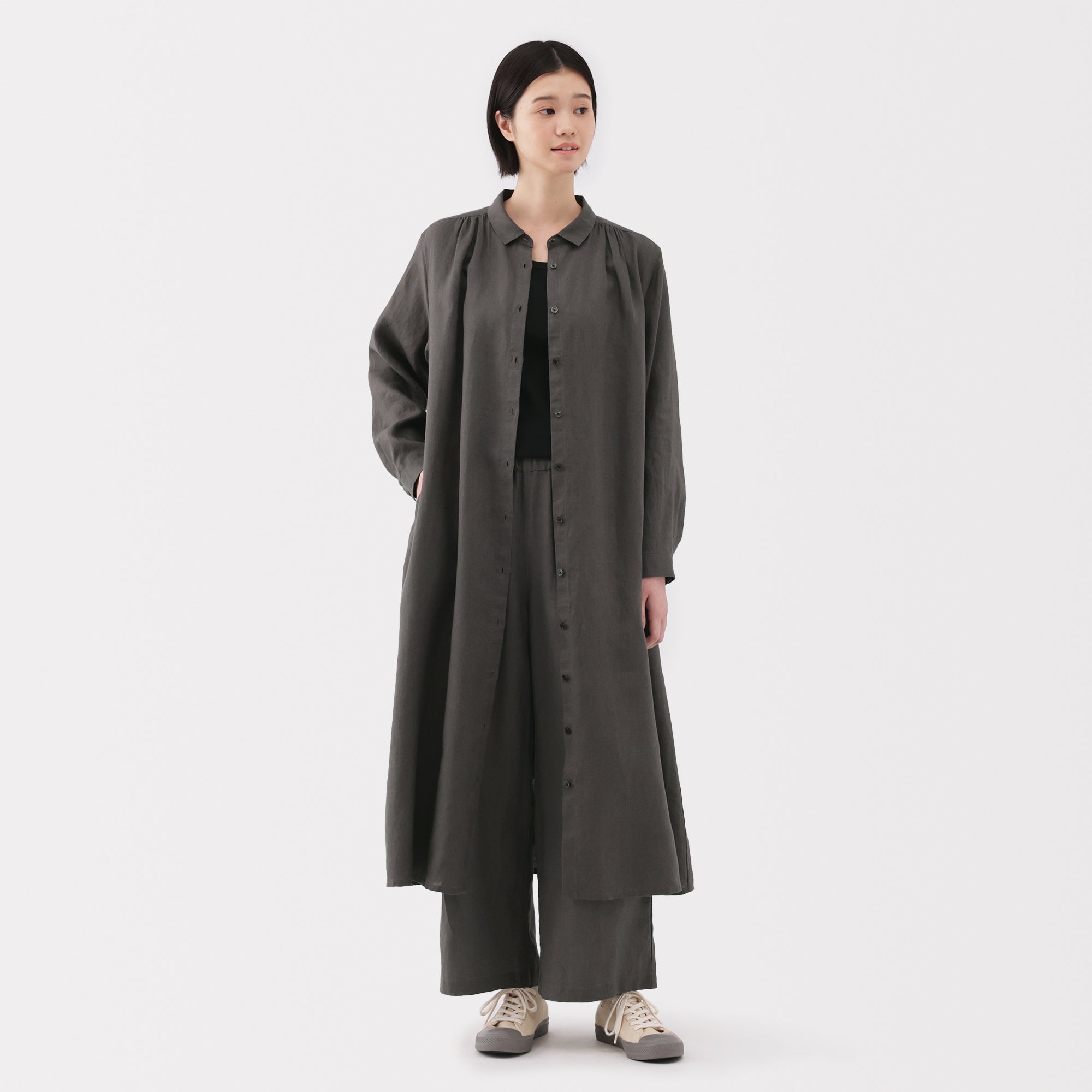 Women's Washed Linen Regular Collar Long Sleeve Shirt Dress