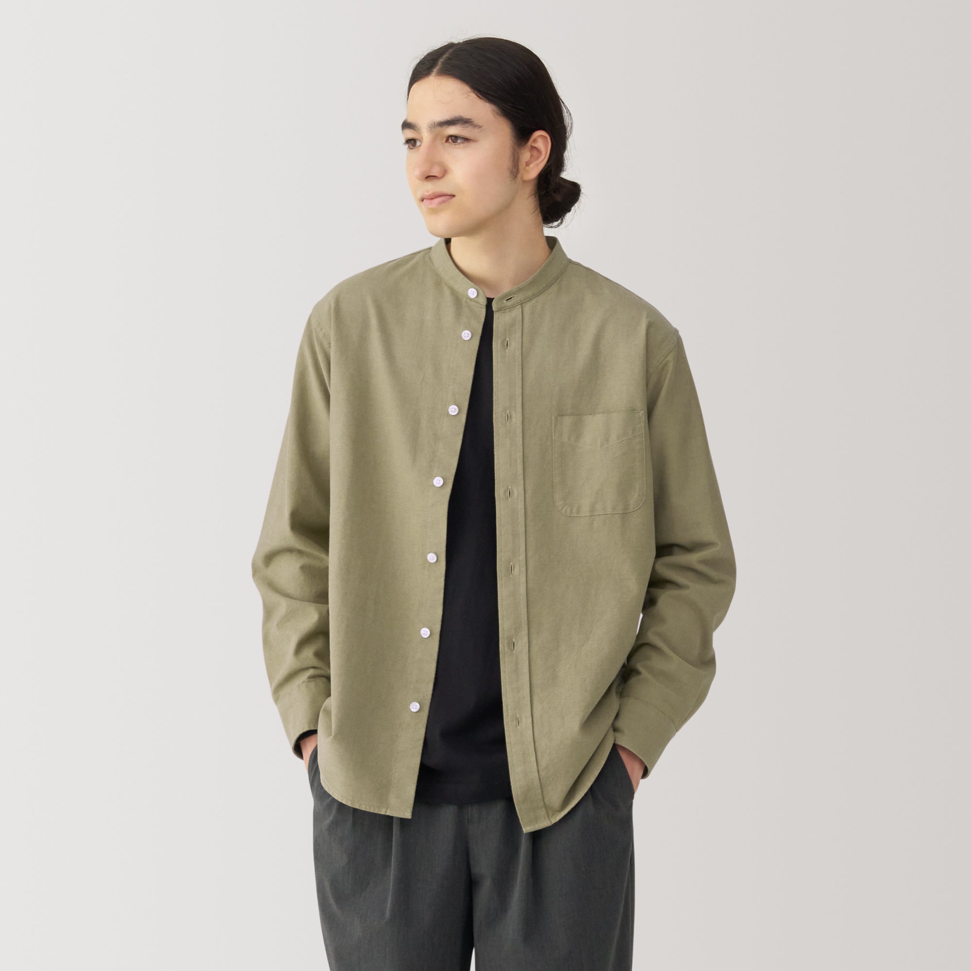 Men's Washed Oxford Stand Collar Long Sleeve Shirt
