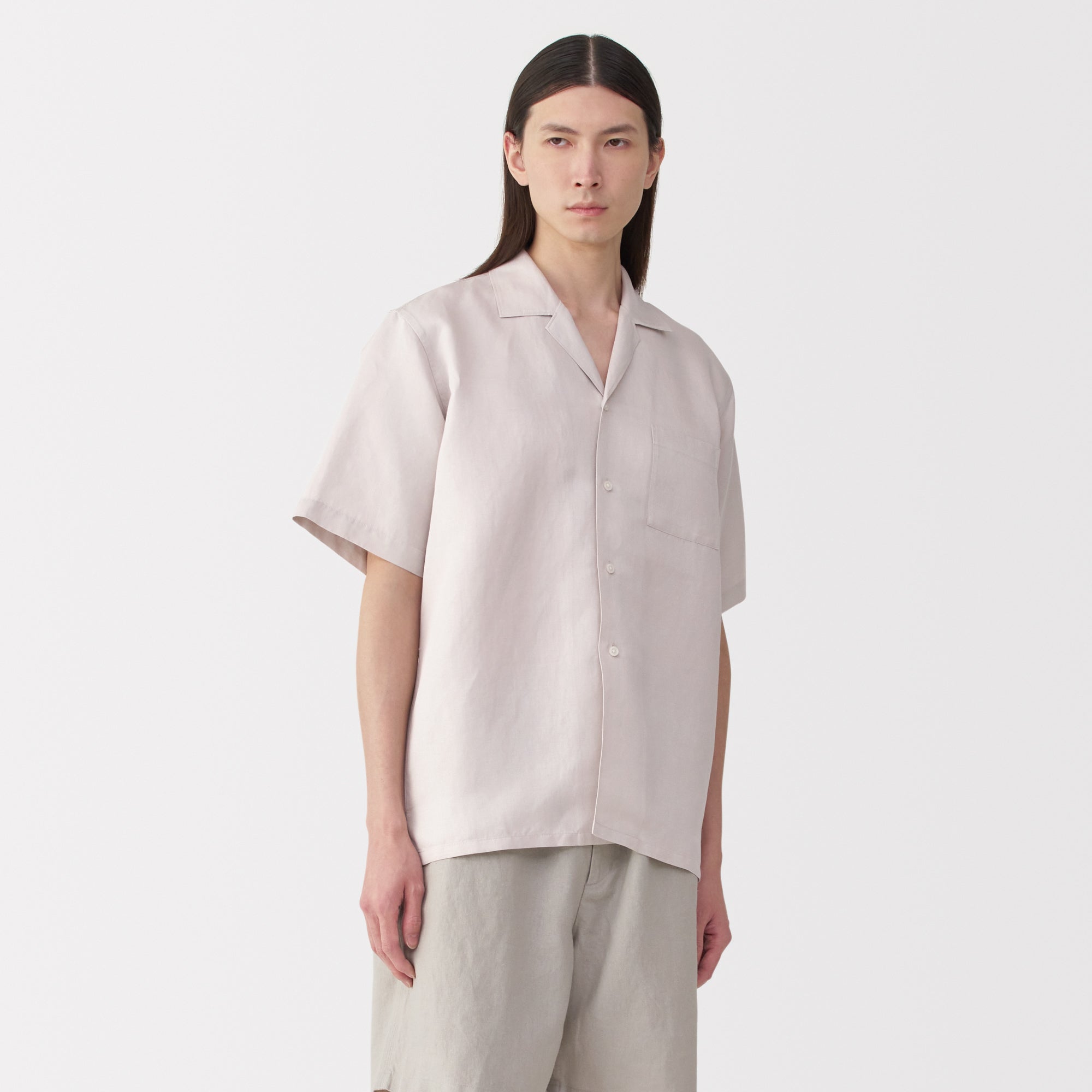 Labo Men's Linen Silk Open Collar Short Sleeve Shirt
