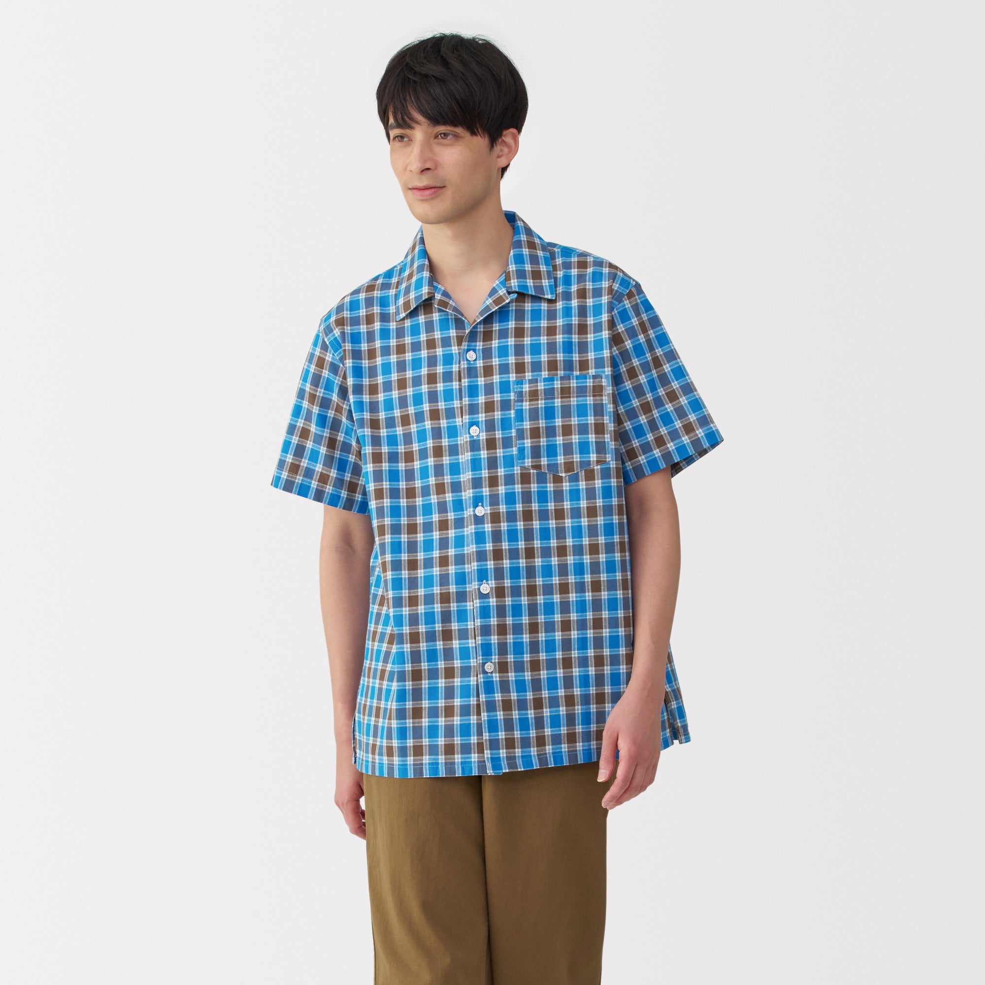 Men's Madras Check Open Collar Short Sleeve Shirt